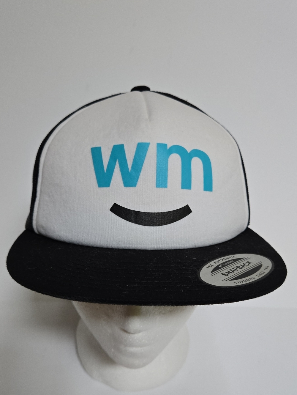 Yupoong Snapback Weedmaps White and Black Baseball Hat with Blue 'WM' Logo